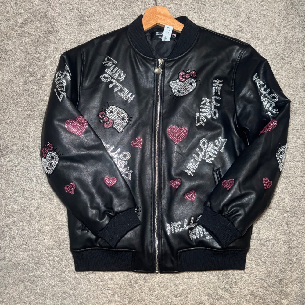 Hello Kitty x Forever 21 Faux Leather Rhinestone Bomber Jacket Black Girls 13/14